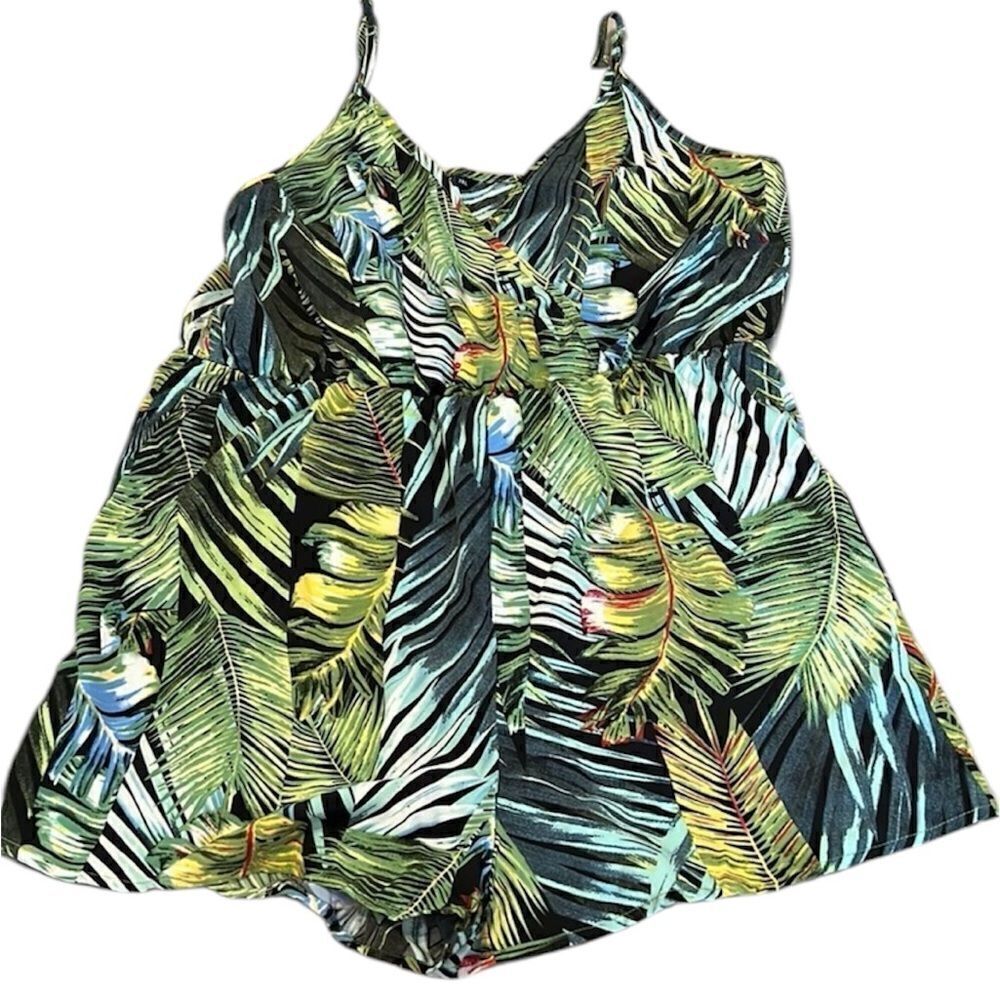 Shein size 2XL green Hawaiian print romper faux wrap front adjustable straps EUC